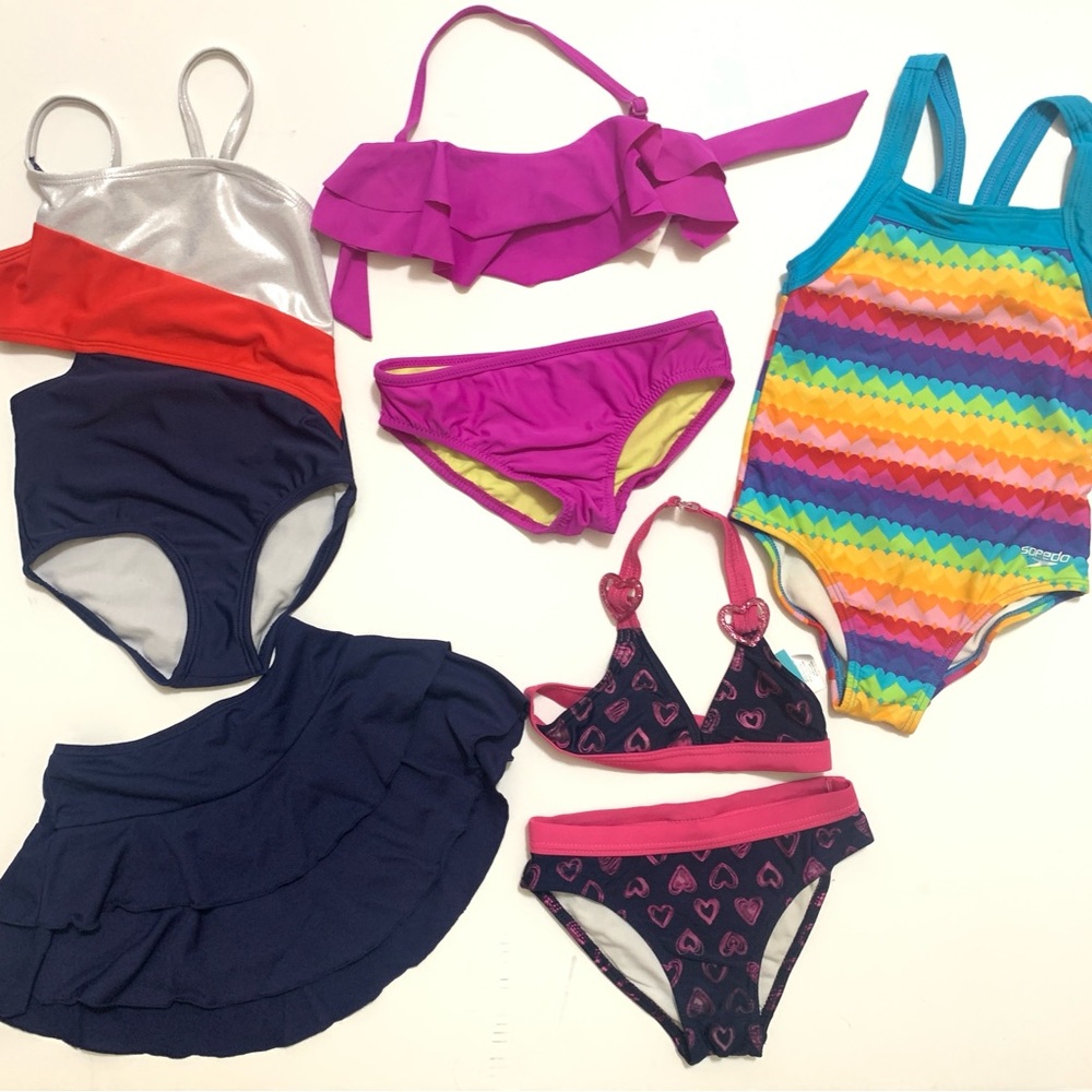 LOT of 4 Girls Swimsuits + 1 Cover Skirt 4/5 XS SPEEDO Jantzen Jessica Simpson